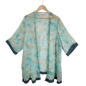 CJ Banks Women's Blue Green Floral Sheer 3/4 Sleeve Open Front Kimono 2X / 3X